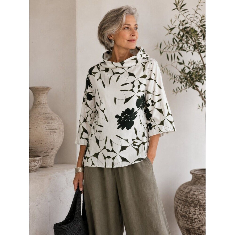 Bryn Walker Etta Fiori Cotton Top White Green Funnel Neck Artsy Lagenlook XS